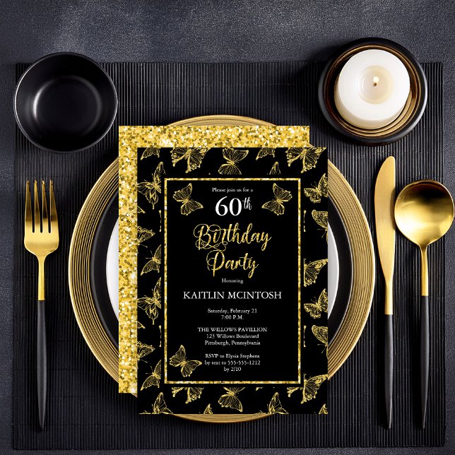 Elegant Black Guld Butterflies 60:e Födelsedagsfes Inbjudningar (Elegant Black and Faux Gold Glitter Butterflies 60th Birthday Party Invitation - Print | Digital)