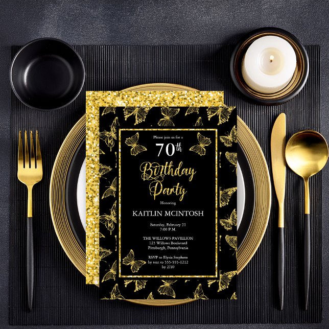 Elegant Black Guld Butterflies 70:e Födelsedagsfes Inbjudningar (Elegant Black and Faux Gold Glitter Butterflies 70th Birthday Party Invitation - Print | Digital)