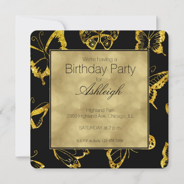 Elegant Black Guld Butterflies Birthday Inbjudningar (Framsida)