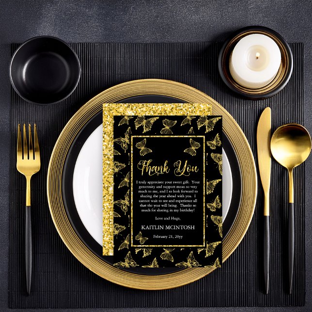 Elegant Black Guld Butterflies Födelsedagsfest Tack Kort (Elegant Black and Faux Gold Glitter Butterflies Birthday Party  Flat Thank You Card)