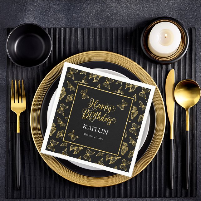 Elegant Black Guld Butterflies Grattis på födelsed Pappersservett (Elegant Black and Faux Gold Butterflies "Happy Birthday" Party Paper Napkins)