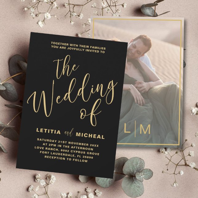 Elegant Black & Guld Calligraphy Bröllop Inbjudningar (Skapare uppladdad)