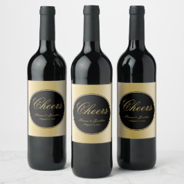 Elegant Black Guld Calligraphy Cheers Bröllop Vinflaska Etikett