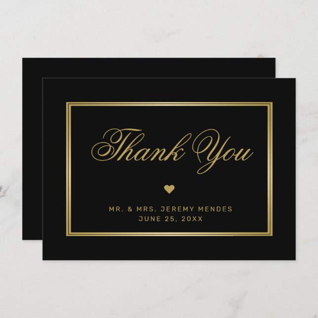 Elegant Black Guld Calligraphy Heart Photo Bröllop Tack Kort (Fram/baksida)