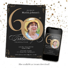 Elegant Black Guld Calligraphy Photo 60 Birthday Inbjudningar