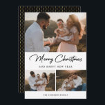 Elegant Black Guld Calligraphy Photo Collage Julkort<br><div class="desc">Anpassningsbar svart och guld fotokort med helgdag på framsidan och en svart och guld mönster på baksidan. Anpassa enkelt det här helgdag till eleganten med dina foton och familjen namn. Fler alternativ för färg finns tillgängliga.</div>