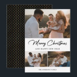 Elegant Black Guld Calligraphy Photo Collage Julkort<br><div class="desc">Anpassningsbar svart och guld fotokort med helgdag på framsidan och en svart och guld mönster på baksidan. Anpassa enkelt det här helgdag till eleganten med dina foton och familjen namn. Fler alternativ för färg finns tillgängliga.</div>