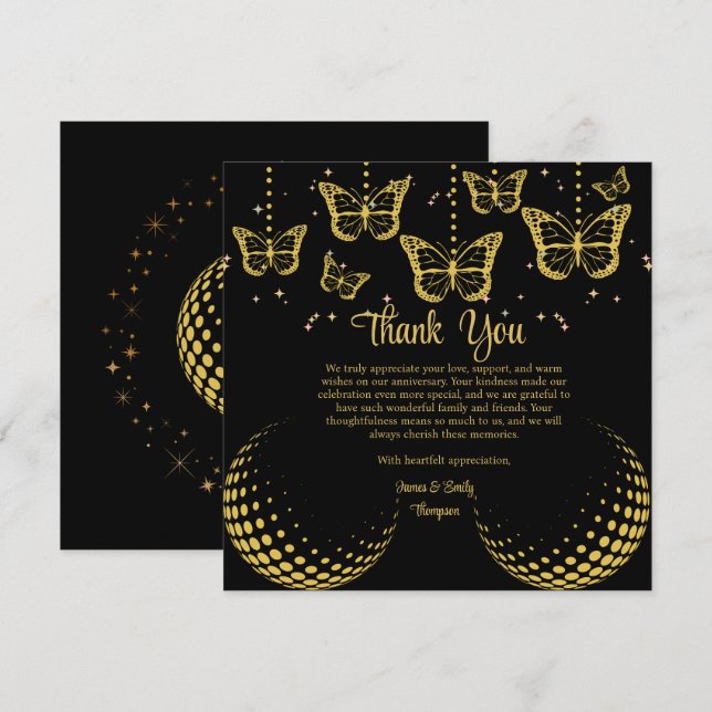 Elegant Black & Guld Card för Bröllop-årsdagen Tack Kort (Fram/baksida)