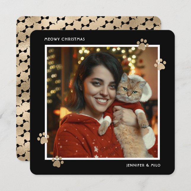 Elegant Black Guld Cat Owner Photo Meowy jul Julkort (Fram/baksida)