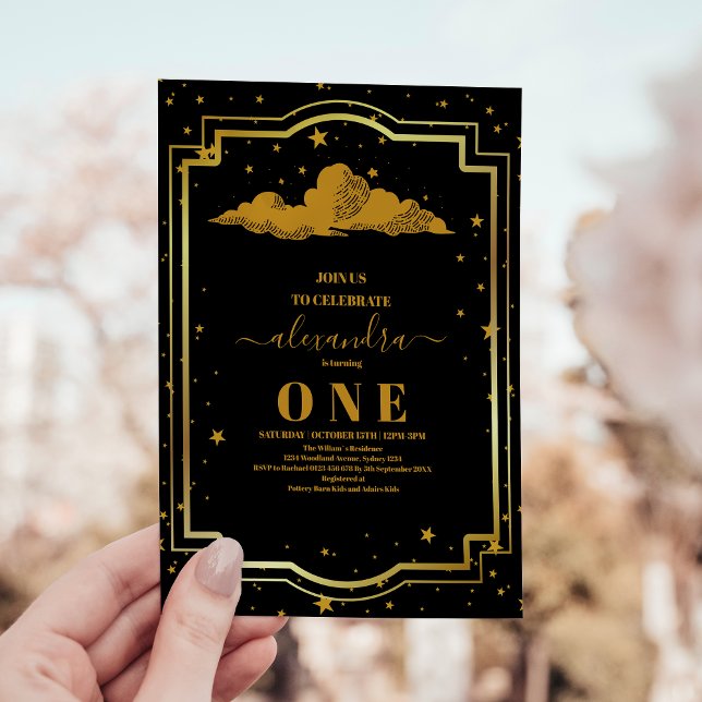 Elegant Black Guld Celestial 1:a födelsedag Inbjudningar (Skapare uppladdad)