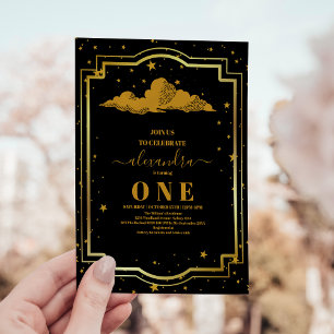 Elegant Black Guld Celestial 1:a födelsedag Inbjudningar