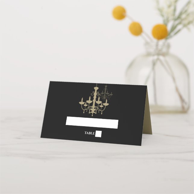 Elegant Black Guld Chandelier bröllopsinbjudan Placeringskort (Framsida)