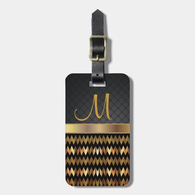 Elegant Black & Guld Chevron Mönster Design Bagagebricka (Vertikal Framsida)