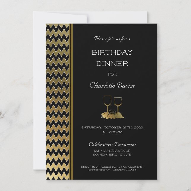 Elegant Black Guld Chevron Stripe Birthday Midday Inbjudningar (Framsida)