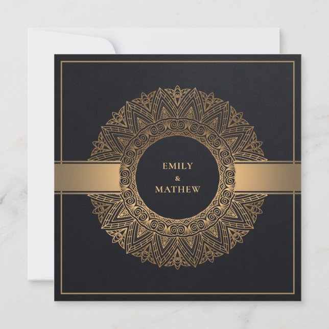 ELEGANT BLACK GULD CLASSIC ORNATE MANDALA BRÖLLOP INBJUDNINGAR (Baksida)
