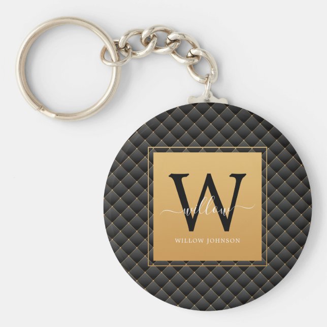 Elegant Black Guld Classy Monogram Initialt skript Nyckelring (Framsidan)