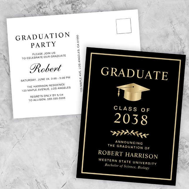 Elegant Black Guld College Graduation Party Inbjudan Vykort (An elegant college graduation party invitation postcard to celebrate the graduate's achievements)