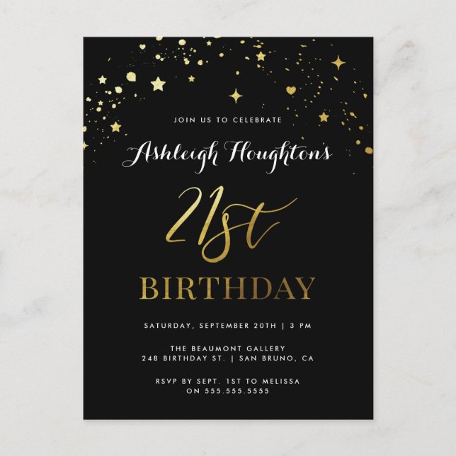 Elegant Black & Guld Confetti 21:a födelsedagen Inbjudan Vykort (Framsida)