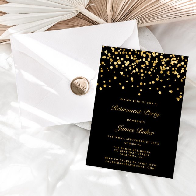 Elegant Black & Guld Confetti Pension Party Inbjudningar (Skapare uppladdad)