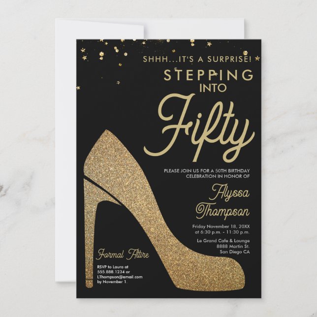Elegant Black Guld Confetti Surprise 50:e födelsed Inbjudningar (Framsida)