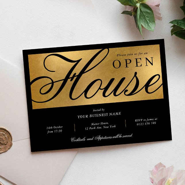 Elegant Black & Guld Corporate Office Open House Inbjudningar (Elegant black and gold foil effect Open House Business Invitation)