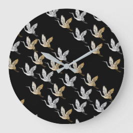 Elegant Black Guld Crane Modern Japansk konst Stor Klocka