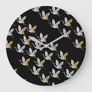 Elegant Black Guld Crane Modern Japansk konst Stor Klocka