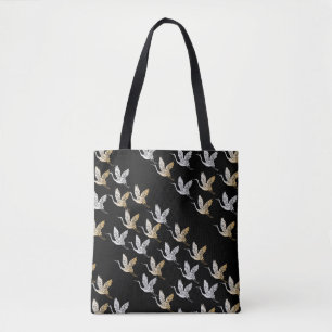Elegant Black Guld Crane Modern Japanska Tygkasse