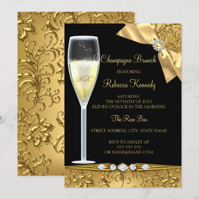 Elegant Black Guld Damask Champagne Brunch Inbjuda Inbjudningar (Fram/baksida)