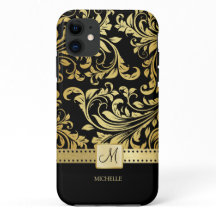 Elegant Black & Guld Damask med Monogram