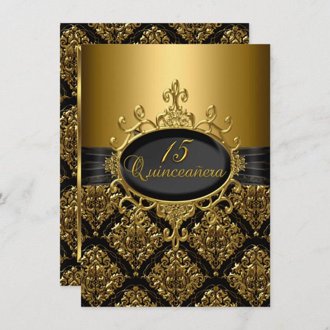 Elegant Black Guld Damask Quinceanera Inbjudan (Fram/baksida)