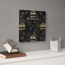 Elegant Black & Guld Diamond Design Fyrkantig Klocka