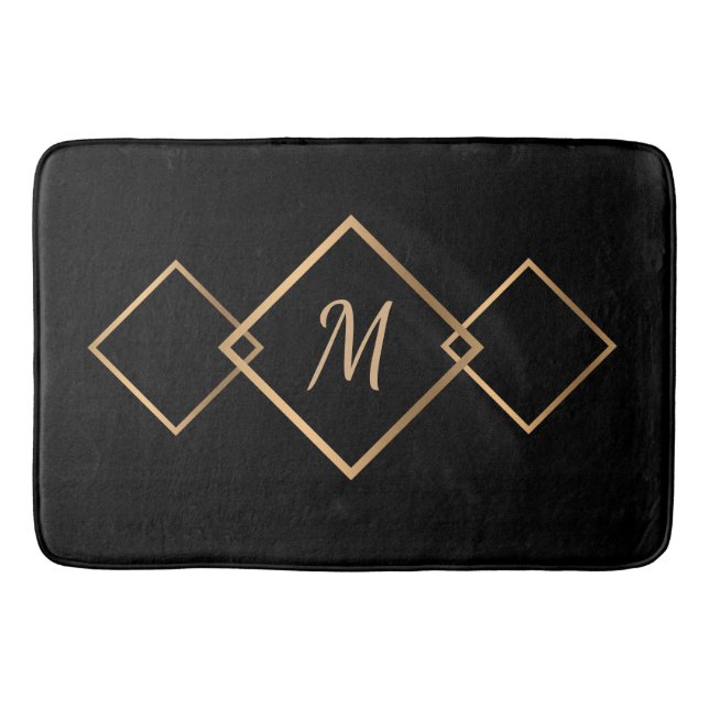 Elegant Black Guld Diamond Geometric Monogram Badrumsmatta (Framsidan)