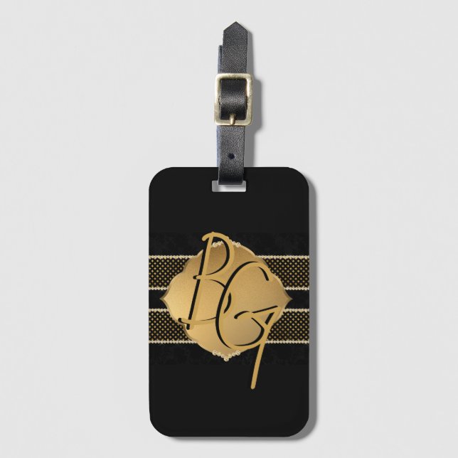 Elegant Black Guld Diamond Mönster Initialer Bagagebricka (Framsida vertikal)