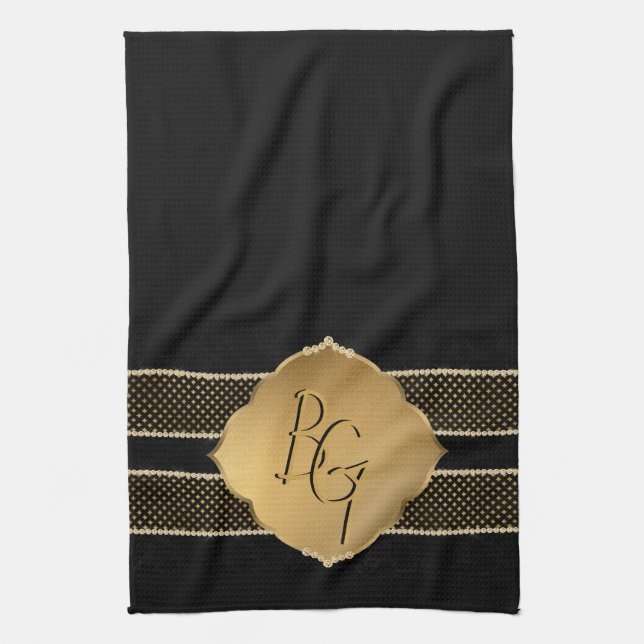 Elegant Black Guld Diamond Shape Monogram Initiale Kökshandduk (Vertikal)