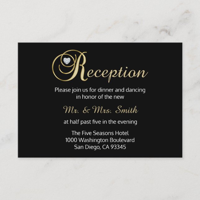 Elegant Black Guld Diamond Wedding RECEPTION Card Tilläggskort (Framsida)
