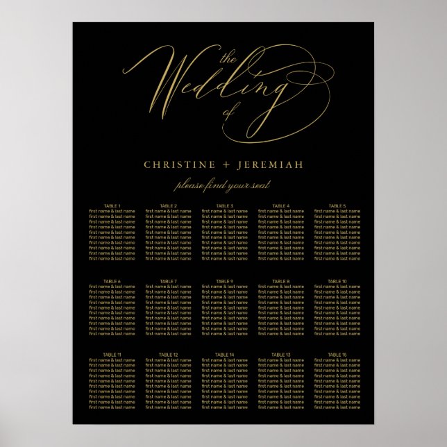 Elegant Black Guld Elegant Bröllop säten för  Poster (Framsidan)