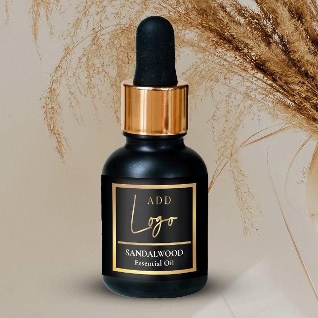 Elegant Black & Guld Essential Oil Dropper Flaska Returadress Etikett (Stylish black and gold effect essential oil dropper bottle stickers with logo and product info)