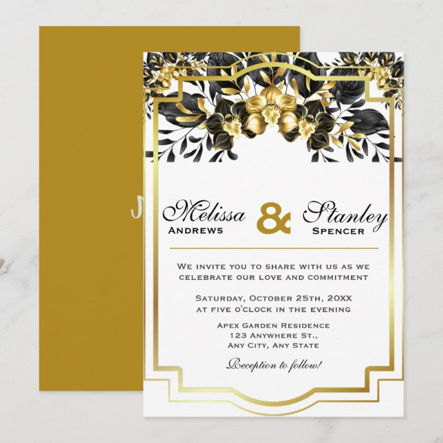 Elegant Black Guld Eucalyptus Geometric Bröllop Inbjudningar (Fram/baksida)