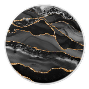 Elegant Black Guld Faux Glitter Agate Geode Grått Knopp