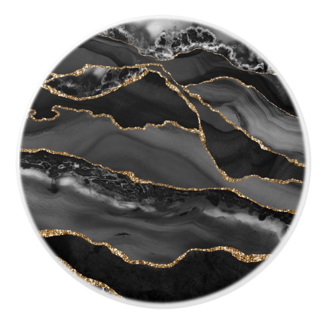 Elegant Black Guld Faux Glitter Agate Geode Grått Knopp (Framsidan)