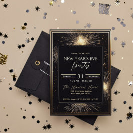 Elegant Black Guld Fireworks Nyårsafton Party Inbjudningar