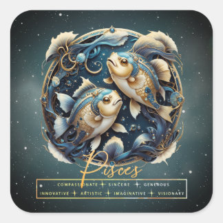 Elegant Black Guld Fish Zodiac Sign Pisces Fyrkantigt Klistermärke
