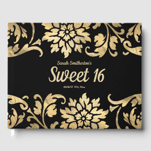Elegant Black Guld Flowers Sweet 16 Birthday Gästböcker