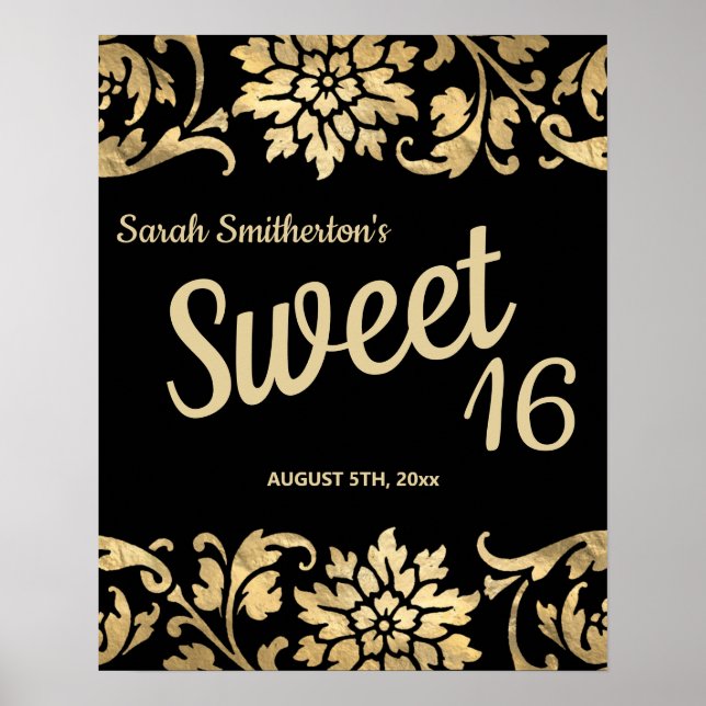 Elegant Black Guld Flowers Sweet 16 Birthday Poster (Framsidan)