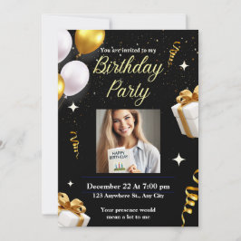 Elegant Black Guld Födelsedagsfest inbjudan Card