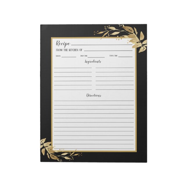 Elegant Black Guld Foliage Recipe Anteckningsblock (Roterad)
