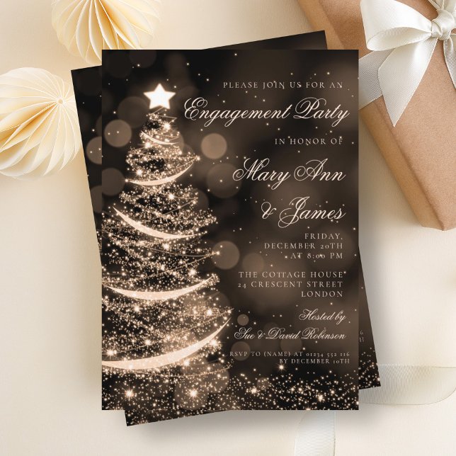 Elegant Black & Guld, Förlovningsfest till jul Inbjudningar (Elegant Black & Gold Christmas Engagement Party Invitation)