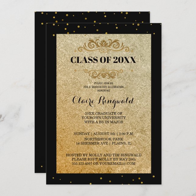 Elegant Black Guld Formell College Graduation Part Inbjudningar (Fram/baksida)
