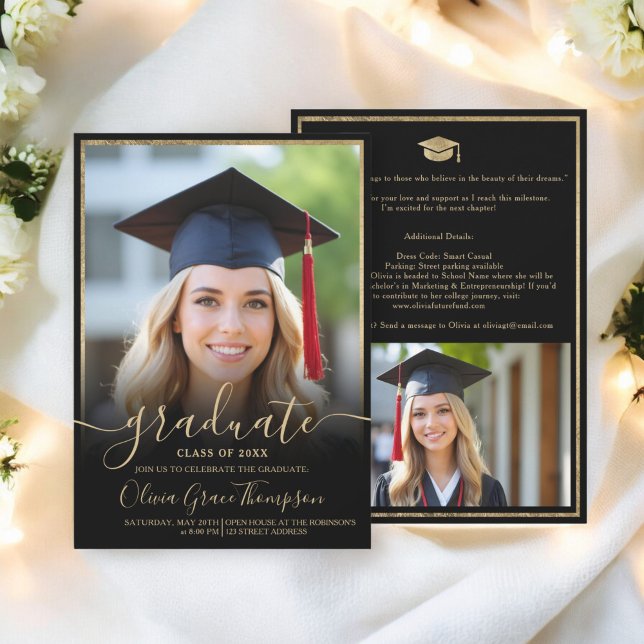 Elegant Black Guld fotoskript Studenten Inbjudningar (Elegant Black Gold Photo Script Graduation Invitation)